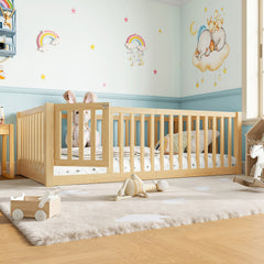 Twin Size Bed Floor Bed with Safety Guardrails and Door for Kids, Natural