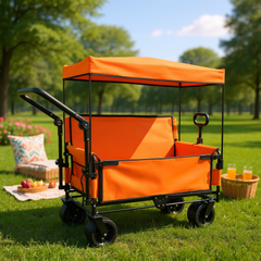 3-in-1 Folding Wagon Cart with Bench Seat & Canopy & Storage, 500lbs Heavy-Duty, 180L Capacity, All-Terrain Wagon for Camping, Beach, Sports, & Garden, Orange
