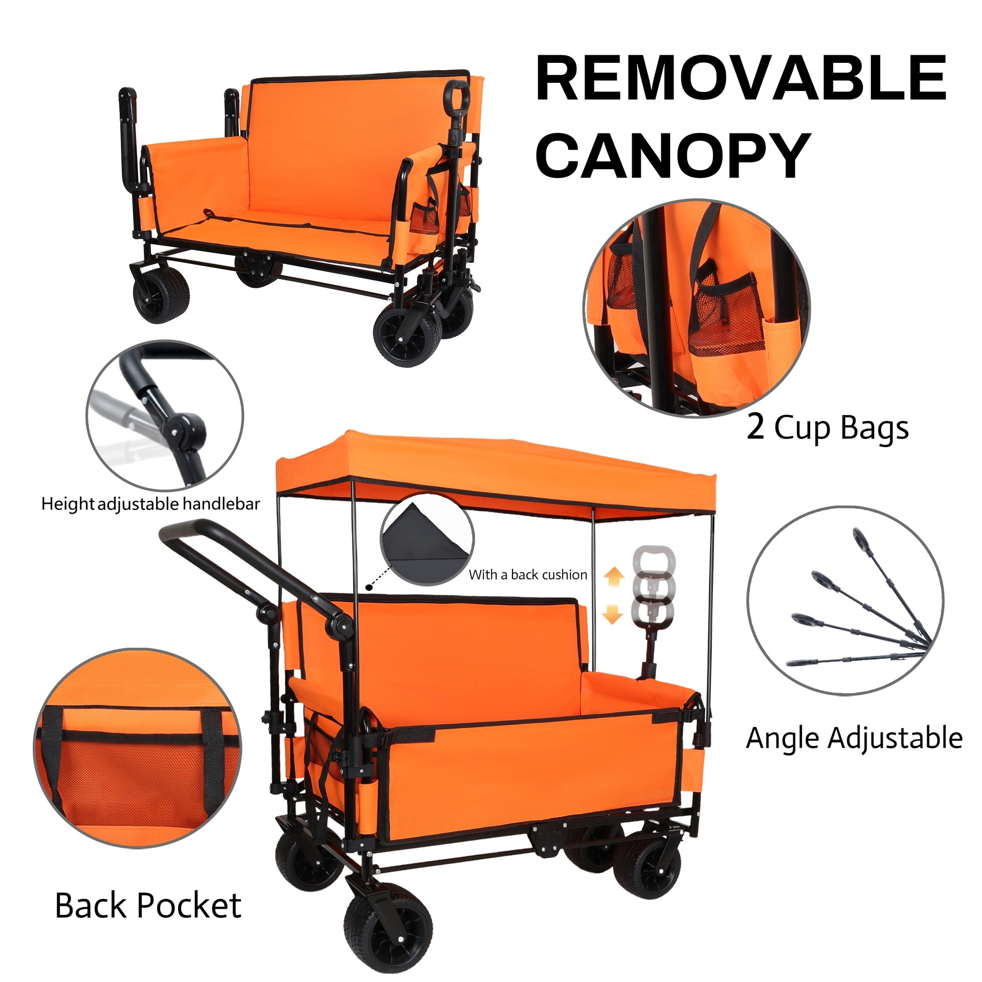 3-in-1 Folding Wagon Cart with Bench Seat & Canopy & Storage, 500lbs Heavy-Duty, 180L Capacity, All-Terrain Wagon for Camping, Beach, Sports, & Garden, Orange