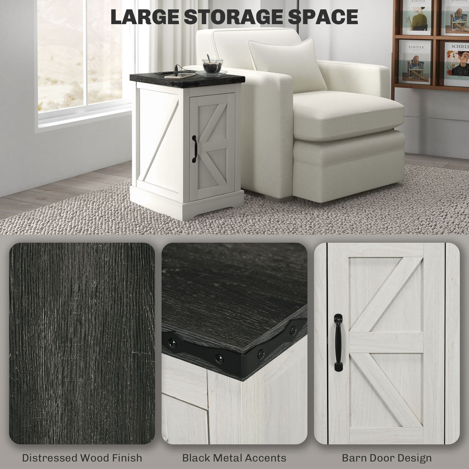 HOMCOM End Table with Charging Station and USB Ports, Farmhouse Side Table with Storage Cabinet for Living Room, Distressed White