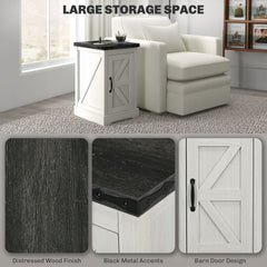 HOMCOM End Table with Charging Station and USB Ports, Farmhouse Side Table with Storage Cabinet for Living Room, Distressed White