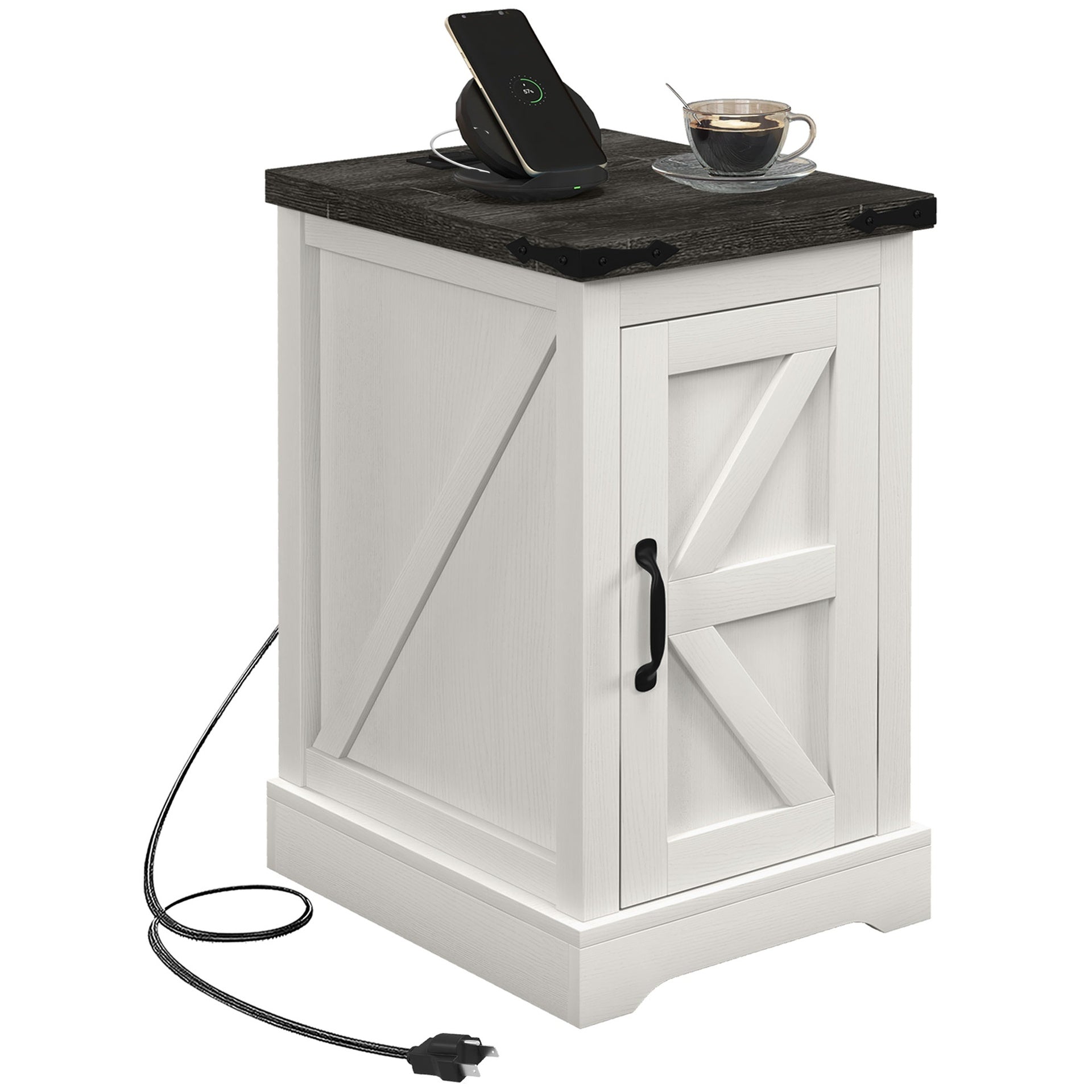 HOMCOM End Table with Charging Station and USB Ports, Farmhouse Side Table with Storage Cabinet for Living Room, Distressed White