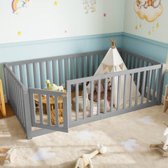 Twin Size Bed Floor Bed with Safety Guardrails and Door for Kids, Gray