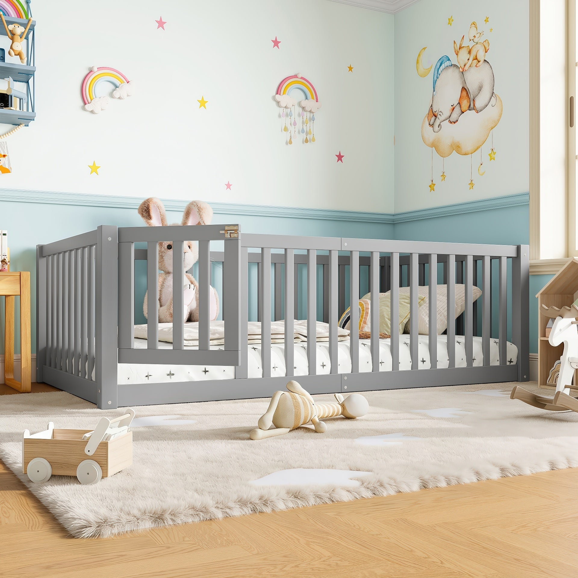 Twin Size Bed Floor Bed with Safety Guardrails and Door for Kids, Gray