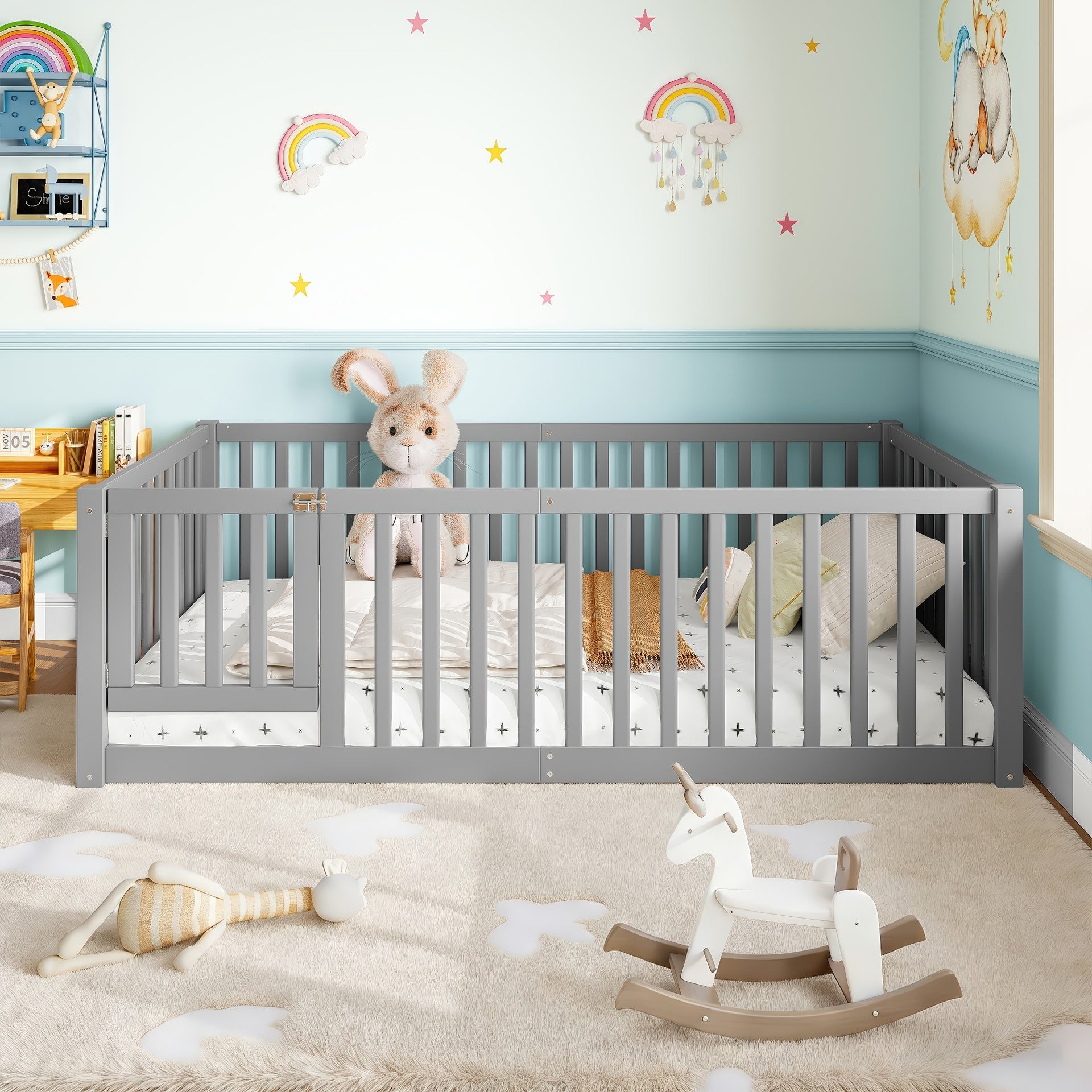 Twin Size Bed Floor Bed with Safety Guardrails and Door for Kids, Gray