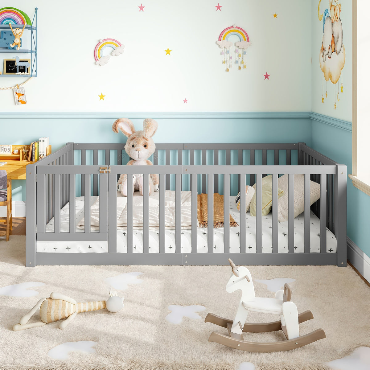 Twin Size Bed Floor Bed with Safety Guardrails and Door for Kids, Gray