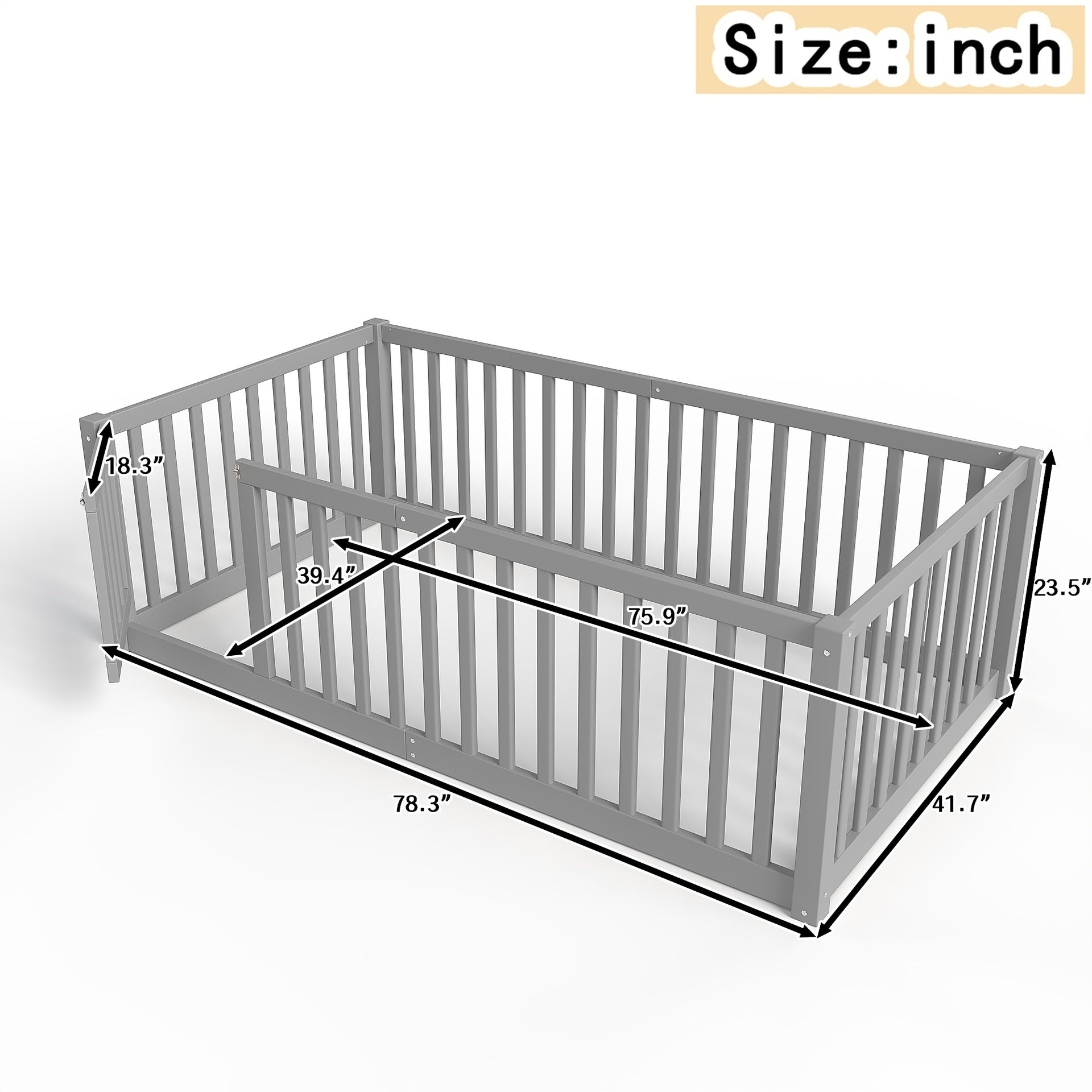Twin Size Bed Floor Bed with Safety Guardrails and Door for Kids, Gray
