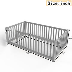 Twin Size Bed Floor Bed with Safety Guardrails and Door for Kids, Gray