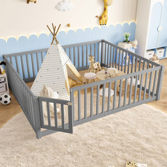 Queen Size Bed Floor Bed with Safety Guardrails and Door for Kids,Gray