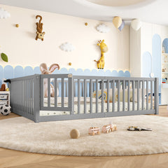 Queen Size Bed Floor Bed with Safety Guardrails and Door for Kids,Gray