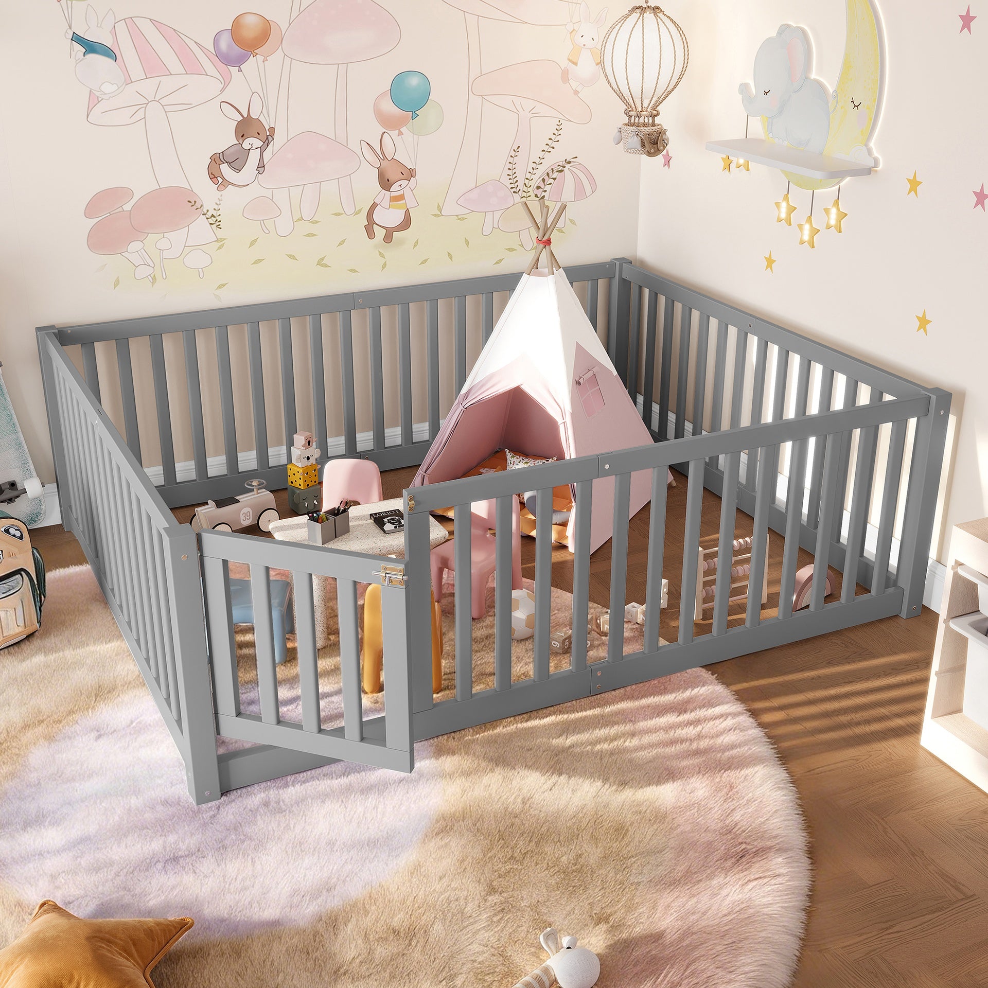 Full Size Bed Floor Bed with Safety Guardrails and Door for Kids,Gray