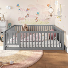 Full Size Bed Floor Bed with Safety Guardrails and Door for Kids,Gray