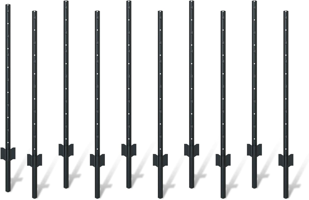10  piece garden fence post set, 4-foot heavy-duty U-shaped metal posts for wire mesh fences, no-dig temporary fence posts, black