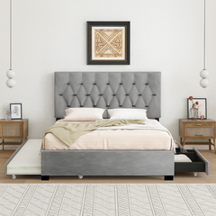 GRAY QUEEN SIZE TRUNDLE PULL OUT DRAWERS STORAGE UPHOLSTERED BED MODERN  DESIGN NO BOX SPRING REQUIRED