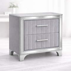 Contemporary Acrylic Nightstand with Two Drawers, Upholstered Bedside Table Featuring Silver Metal Legs, Modern End Table for Bedroom or Living Space (22.64" W x 15.75" D x 24.13" H)