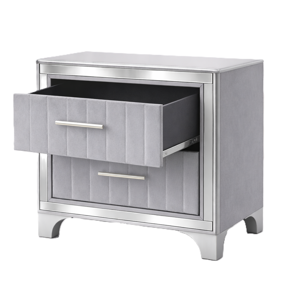Contemporary Acrylic Nightstand with Two Drawers, Upholstered Bedside Table Featuring Silver Metal Legs, Modern End Table for Bedroom or Living Space (22.64" W x 15.75" D x 24.13" H)