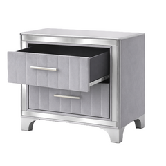 Contemporary Acrylic Nightstand with Two Drawers, Upholstered Bedside Table Featuring Silver Metal Legs, Modern End Table for Bedroom or Living Space (22.64" W x 15.75" D x 24.13" H)