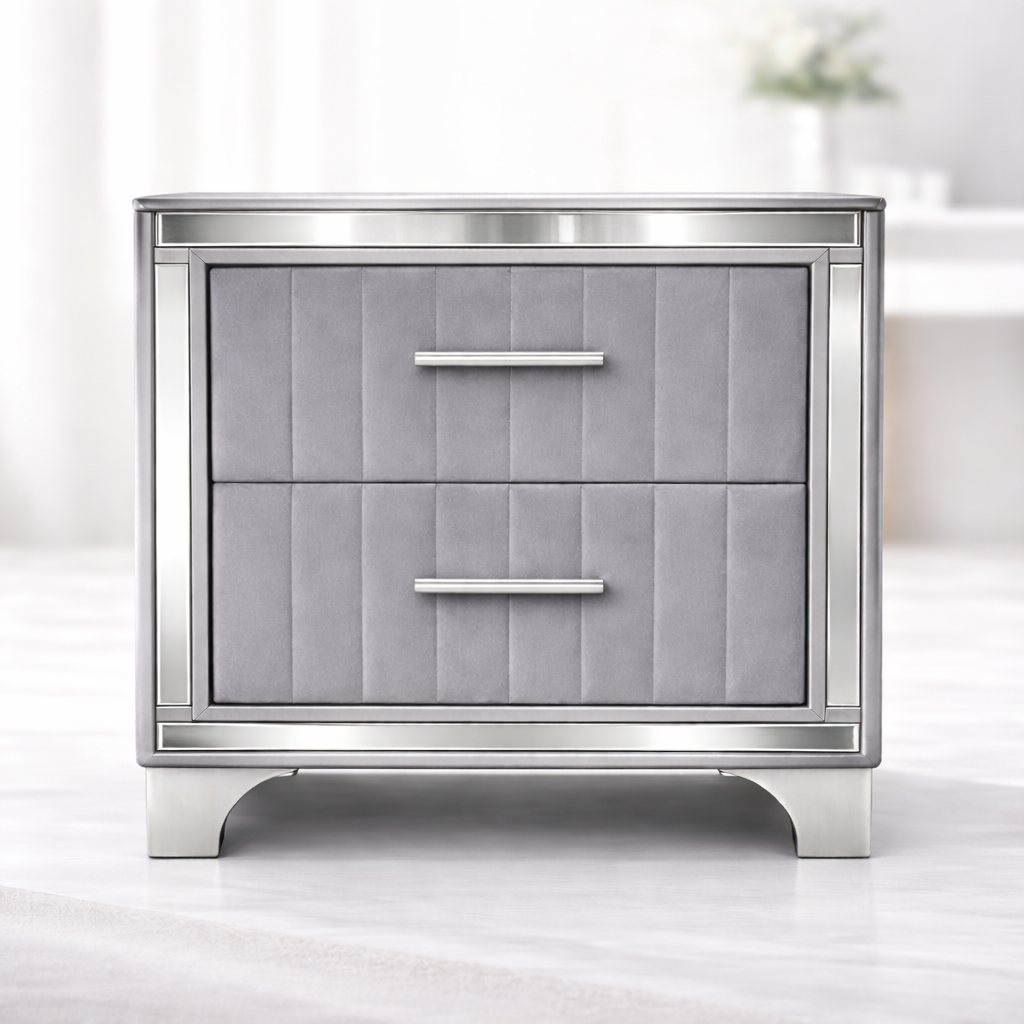 Contemporary Acrylic Nightstand with Two Drawers, Upholstered Bedside Table Featuring Silver Metal Legs, Modern End Table for Bedroom or Living Space (22.64" W x 15.75" D x 24.13" H)