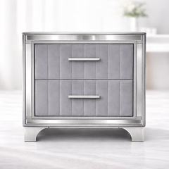 Contemporary Acrylic Nightstand with Two Drawers, Upholstered Bedside Table Featuring Silver Metal Legs, Modern End Table for Bedroom or Living Space (22.64" W x 15.75" D x 24.13" H)