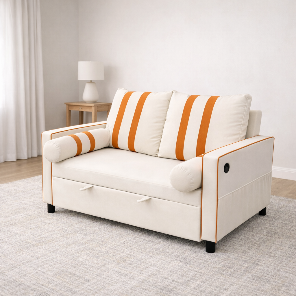 Beige 2 Seater Pull Out Sleeper Sofa Bed with USB Charging Port, Adjustable 3-Position Backrest, Modern Convertible Loveseat Couch with Elastic Armrest Panels for Living Room & Guest Room, 68.5" Wide