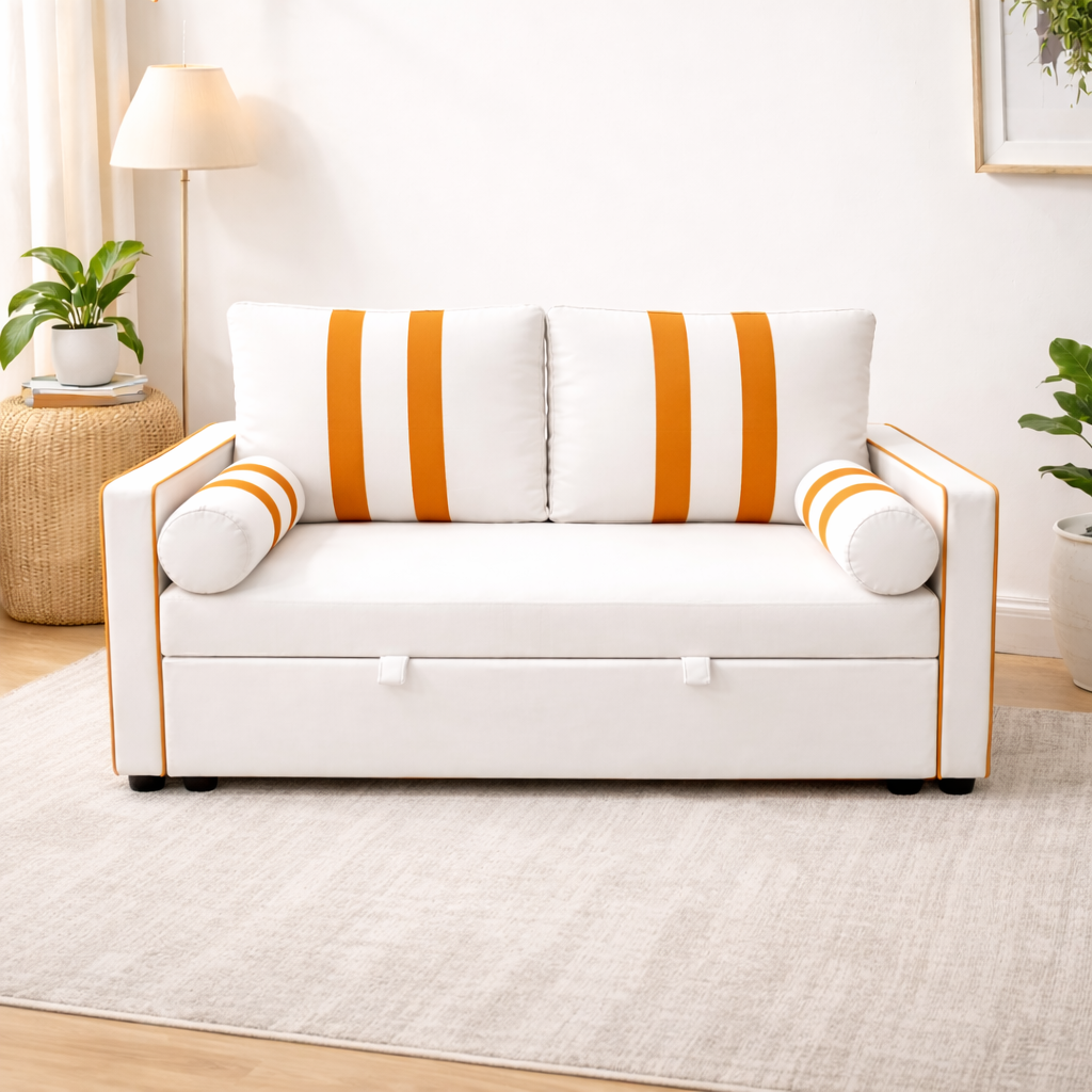 Beige 2 Seater Pull Out Sleeper Sofa Bed with USB Charging Port, Adjustable 3-Position Backrest, Modern Convertible Loveseat Couch with Elastic Armrest Panels for Living Room & Guest Room, 68.5" Wide