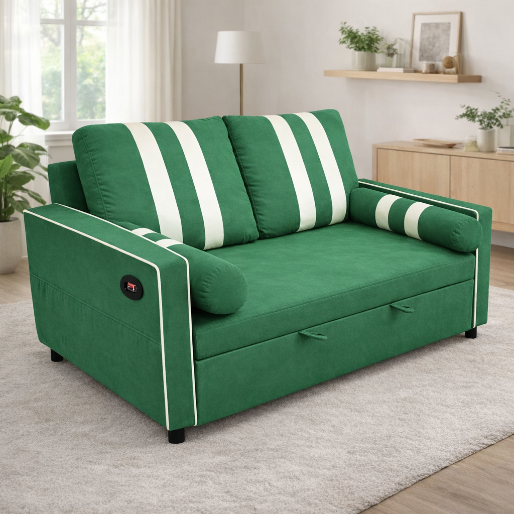 Green 2-Seater Pull-Out Sofa Bed, Convertible Sleeper Sofa with USB Charging Port on Armrest, Elastic Side Storage Pocket,Space-Saving Design for Living Room or Apartment