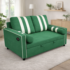 Green 2-Seater Pull-Out Sofa Bed, Convertible Sleeper Sofa with USB Charging Port on Armrest, Elastic Side Storage Pocket,Space-Saving Design for Living Room or Apartment