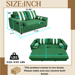 Green 2-Seater Pull-Out Sofa Bed, Convertible Sleeper Sofa with USB Charging Port on Armrest, Elastic Side Storage Pocket,Space-Saving Design for Living Room or Apartment