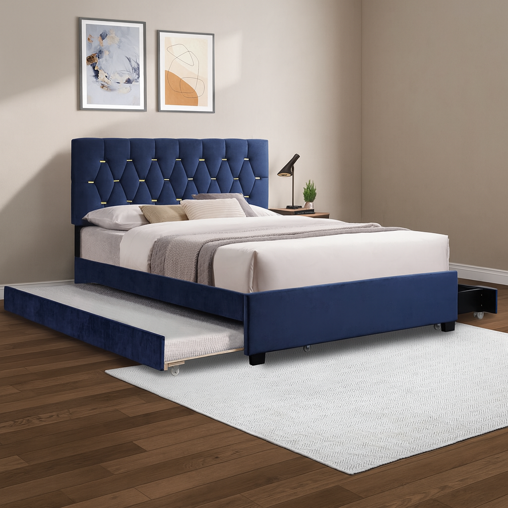 MODERN VELVET QUEEN BED WITH TWIN TRUNDLE AND 2 STORAGE DRAWERS – BLUE(OLD SKU:W1867S00001)