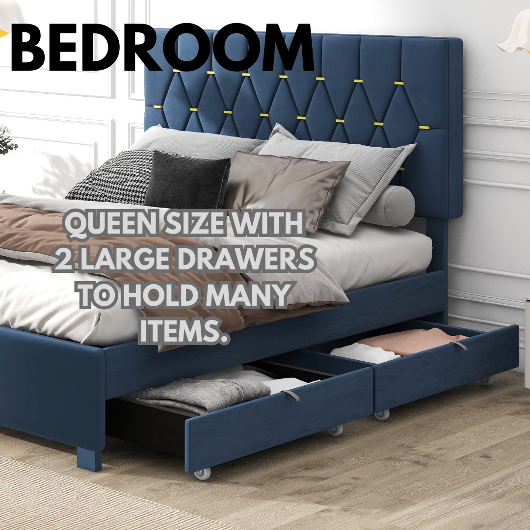 MODERN VELVET QUEEN BED WITH TWIN TRUNDLE AND 2 STORAGE DRAWERS – BLUE(OLD SKU:W1867S00001)