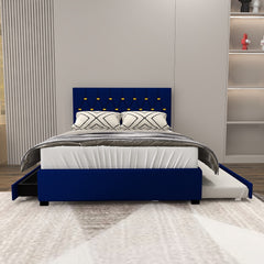 MODERN VELVET QUEEN BED WITH TWIN TRUNDLE AND 2 STORAGE DRAWERS – BLUE(OLD SKU:W1867S00001)
