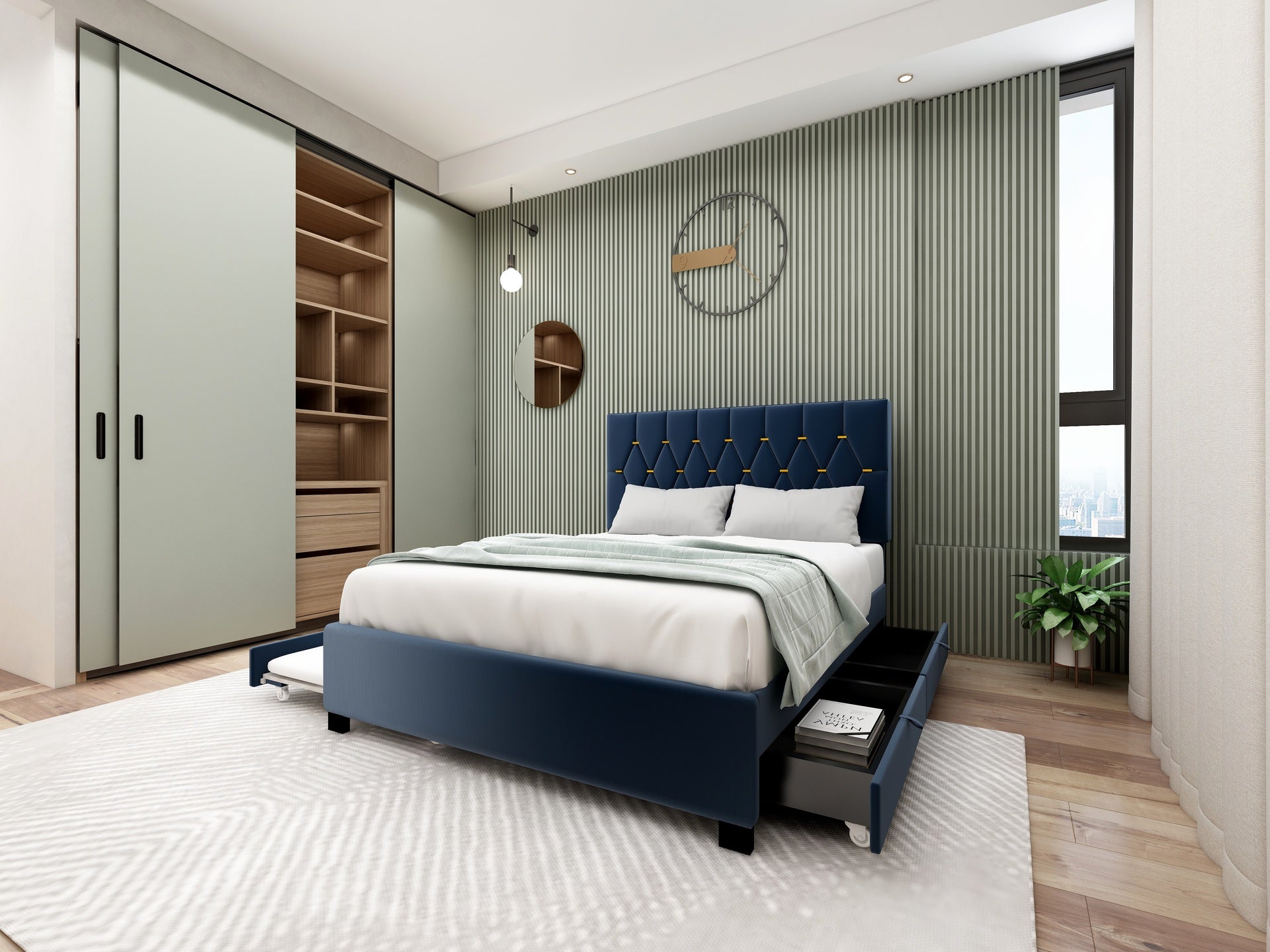 MODERN VELVET QUEEN BED WITH TWIN TRUNDLE AND 2 STORAGE DRAWERS – BLUE(OLD SKU:W1867S00001)