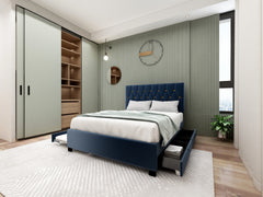 MODERN VELVET QUEEN BED WITH TWIN TRUNDLE AND 2 STORAGE DRAWERS – BLUE(OLD SKU:W1867S00001)