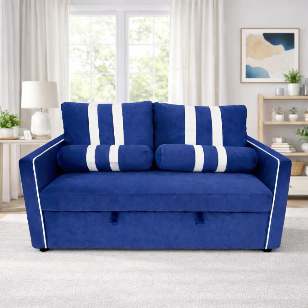 2 Seater Pull Out Sleeper Sofa Bed, Blue Fabric Convertible Loveseat with Adjustable Backrest, Built-in USB Charging Port, Elastic Armrest Panels, Easy Assembly, Modern Sofa Bed for Living Room or Gue