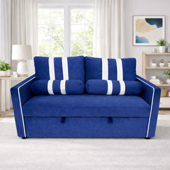 2 Seater Pull Out Sleeper Sofa Bed, Blue Fabric Convertible Loveseat with Adjustable Backrest, Built-in USB Charging Port, Elastic Armrest Panels, Easy Assembly, Modern Sofa Bed for Living Room or Gue