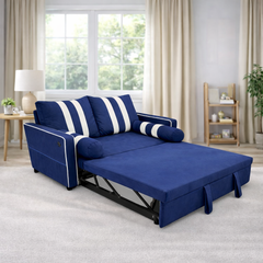 2 Seater Pull Out Sleeper Sofa Bed, Blue Fabric Convertible Loveseat with Adjustable Backrest, Built-in USB Charging Port, Elastic Armrest Panels, Easy Assembly, Modern Sofa Bed for Living Room or Gue