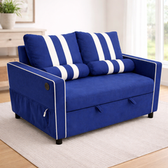 2 Seater Pull Out Sleeper Sofa Bed, Blue Fabric Convertible Loveseat with Adjustable Backrest, Built-in USB Charging Port, Elastic Armrest Panels, Easy Assembly, Modern Sofa Bed for Living Room or Gue