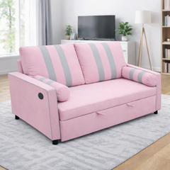 Pink 2-Seater Pull-Out Sofa Bed, Convertible Sleeper Sofa Couch with USB Charging Port on Armrest, Elastic Side Storage Pocket, 3-Level Adjustable Backrest, High-Density Foam Cushioning, Easy Assembly