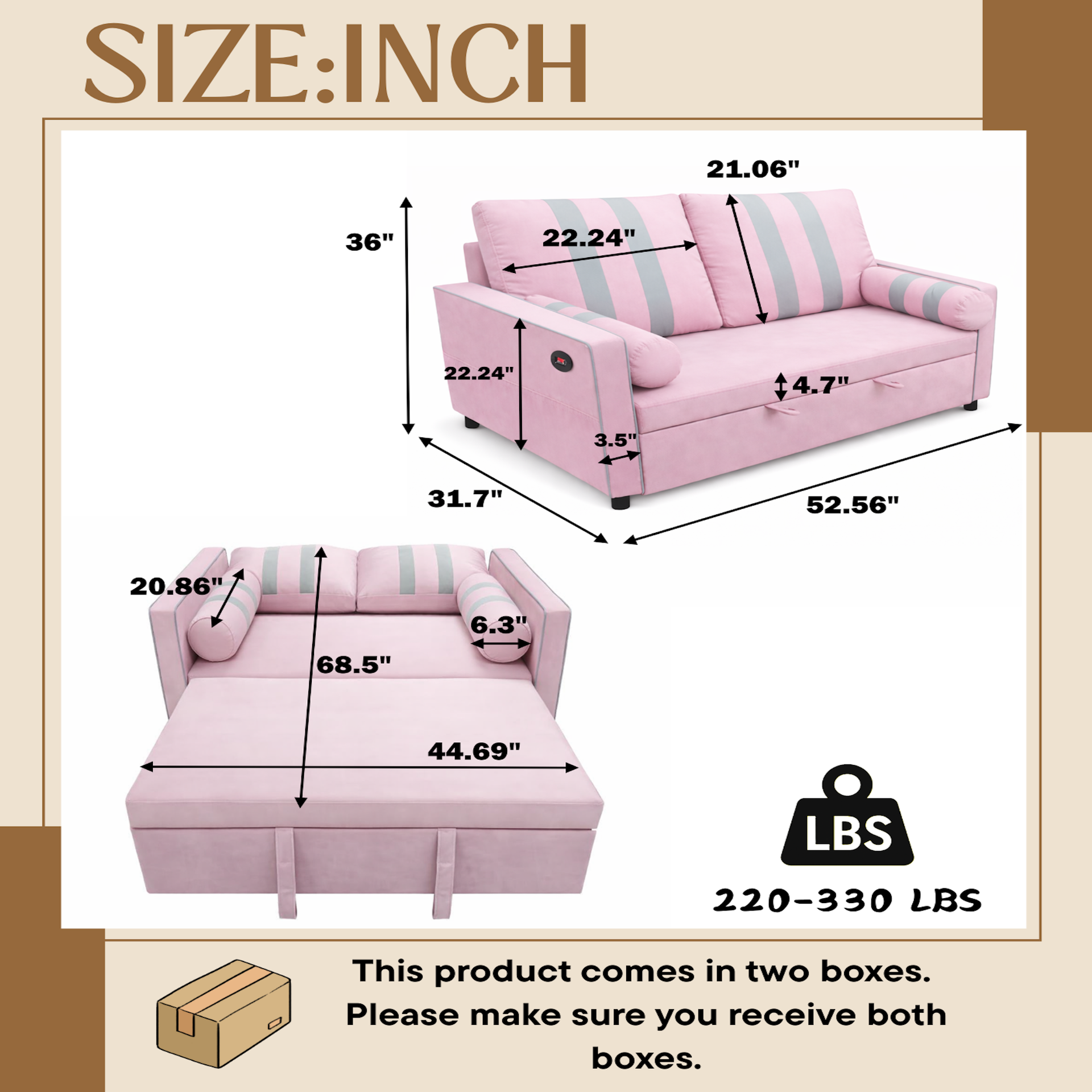 Pink 2-Seater Pull-Out Sofa Bed, Convertible Sleeper Sofa Couch with USB Charging Port on Armrest, Elastic Side Storage Pocket, 3-Level Adjustable Backrest, High-Density Foam Cushioning, Easy Assembly