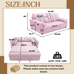 Pink 2-Seater Pull-Out Sofa Bed, Convertible Sleeper Sofa Couch with USB Charging Port on Armrest, Elastic Side Storage Pocket, 3-Level Adjustable Backrest, High-Density Foam Cushioning, Easy Assembly