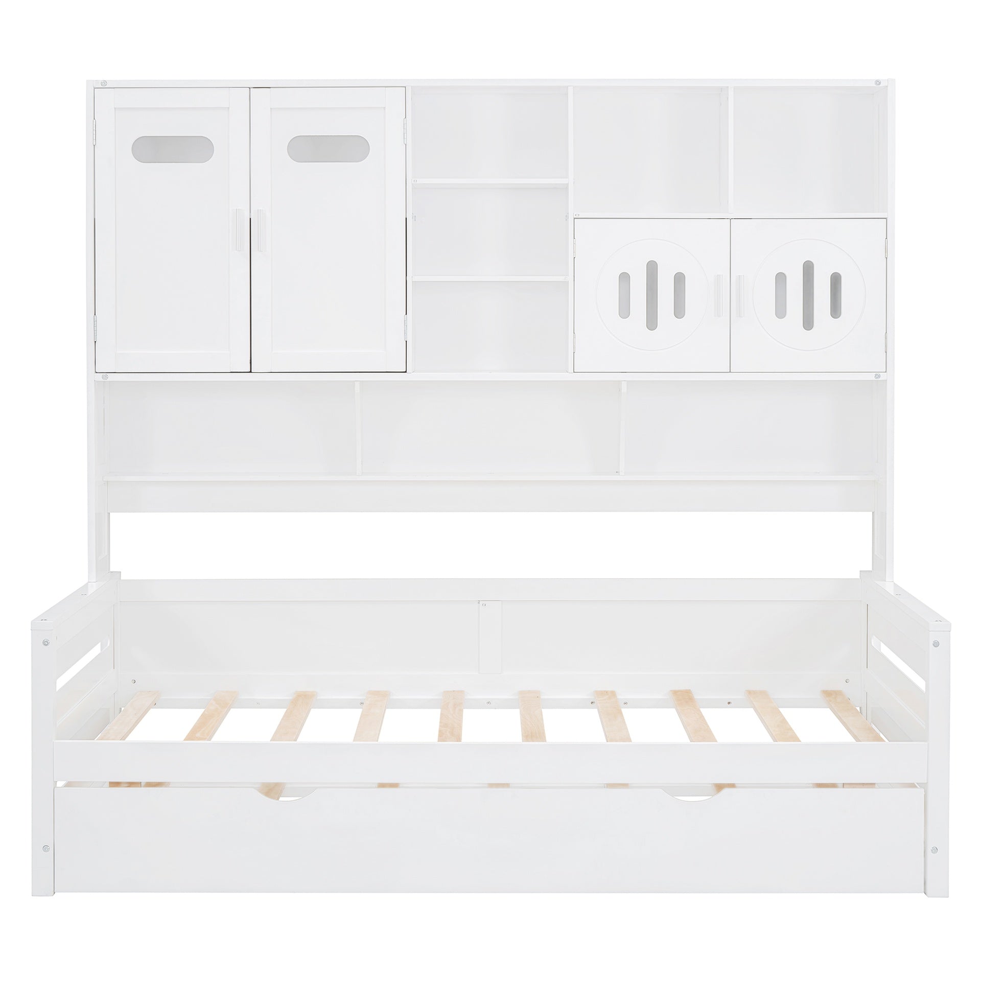 Twin Size Wooden Daybed With Twin Size Trundle, and All-in-One Cabinet and Shelf, White