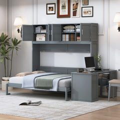 Queen Size Wall Murphy Bed with Desk and Storage Shelves and Big Cabinets, Gray(OLD SKU: N820S10034E)
