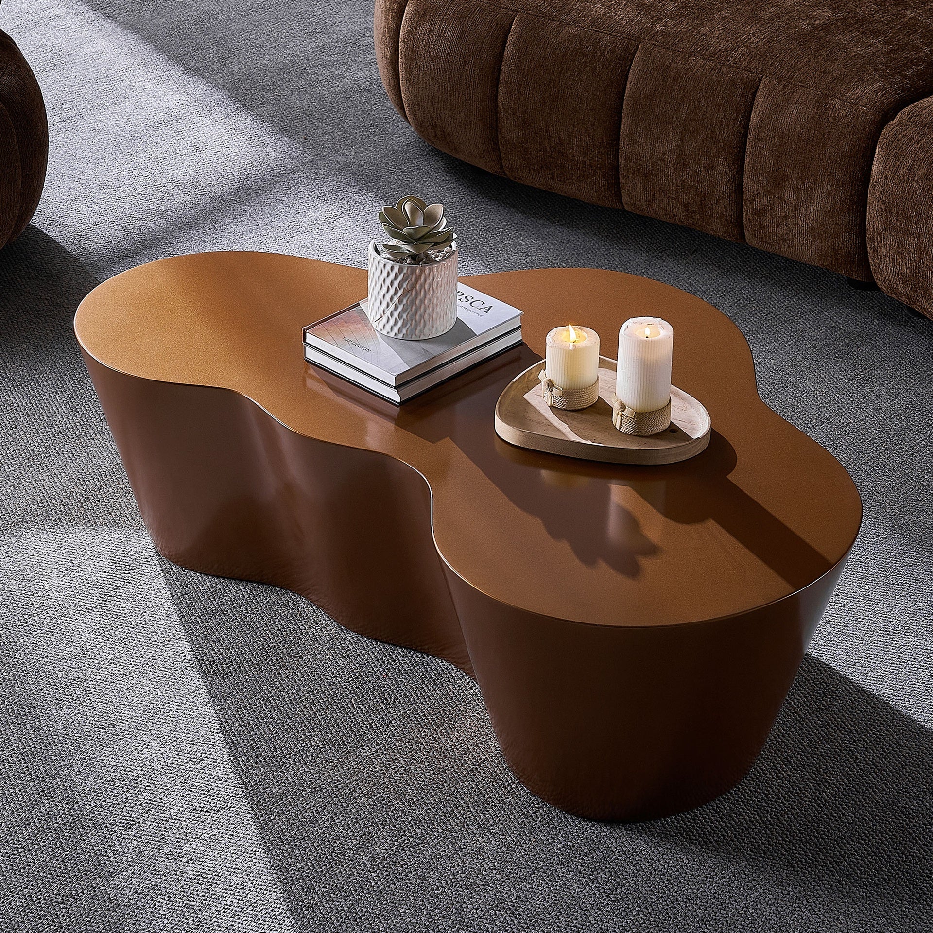 50 Inch Unique Shape Coffee Table Sturdy Fiberglass Tea Table for Living Room No Need Assembly BROWN