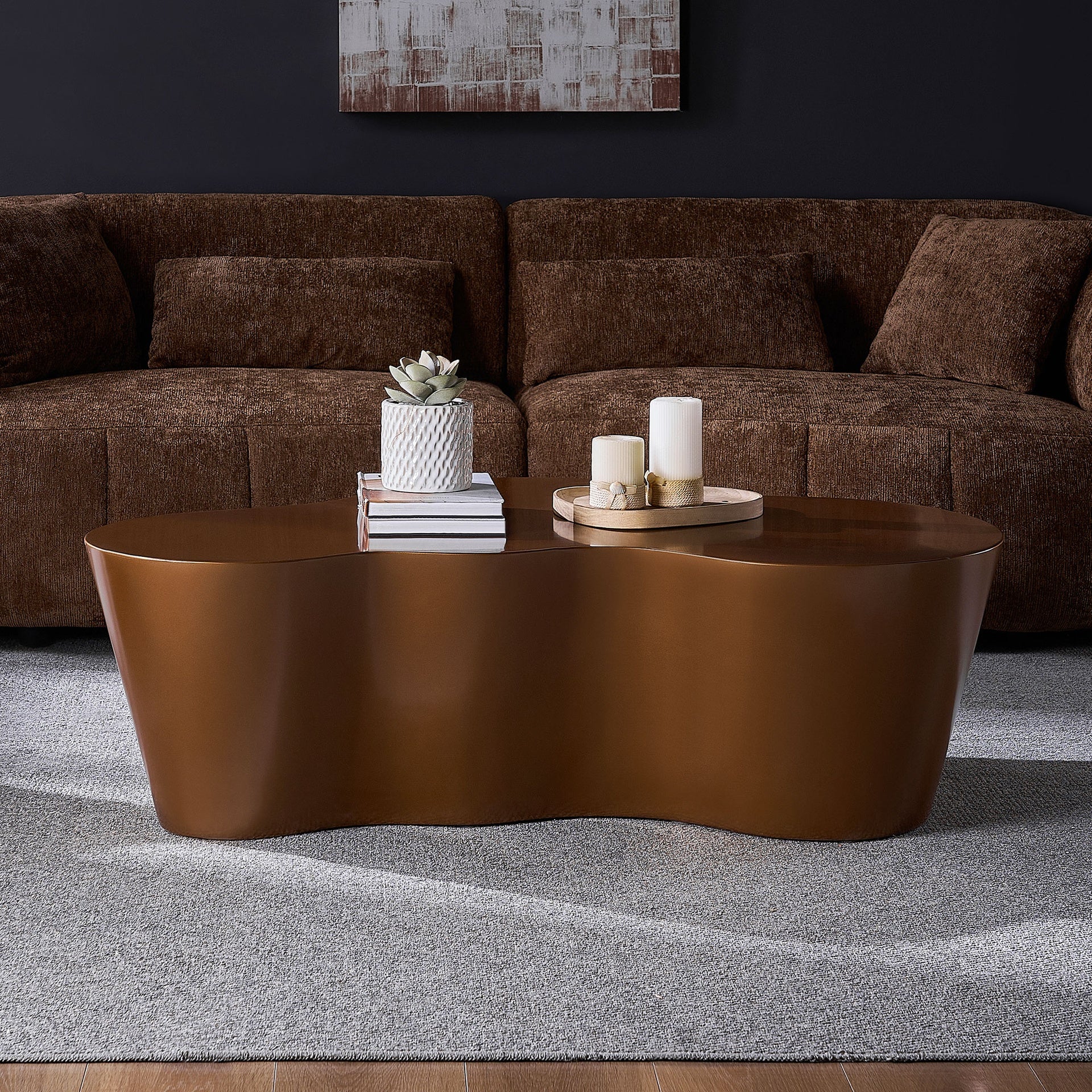 50 Inch Unique Shape Coffee Table Sturdy Fiberglass Tea Table for Living Room No Need Assembly BROWN