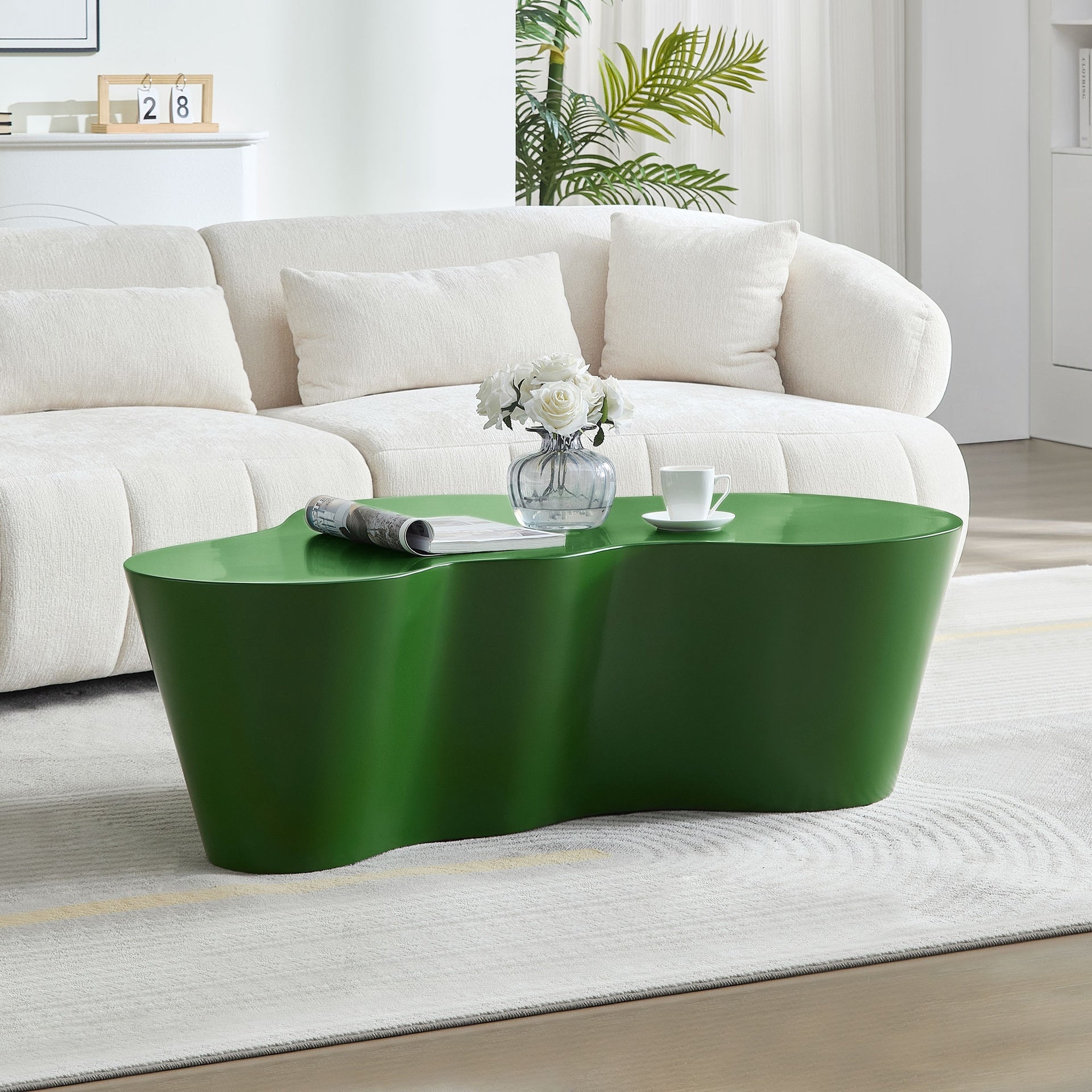 50 Inch Unique Shape Coffee Table Sturdy Fiberglass Tea Table for Living Room No Need Assembly GREEN