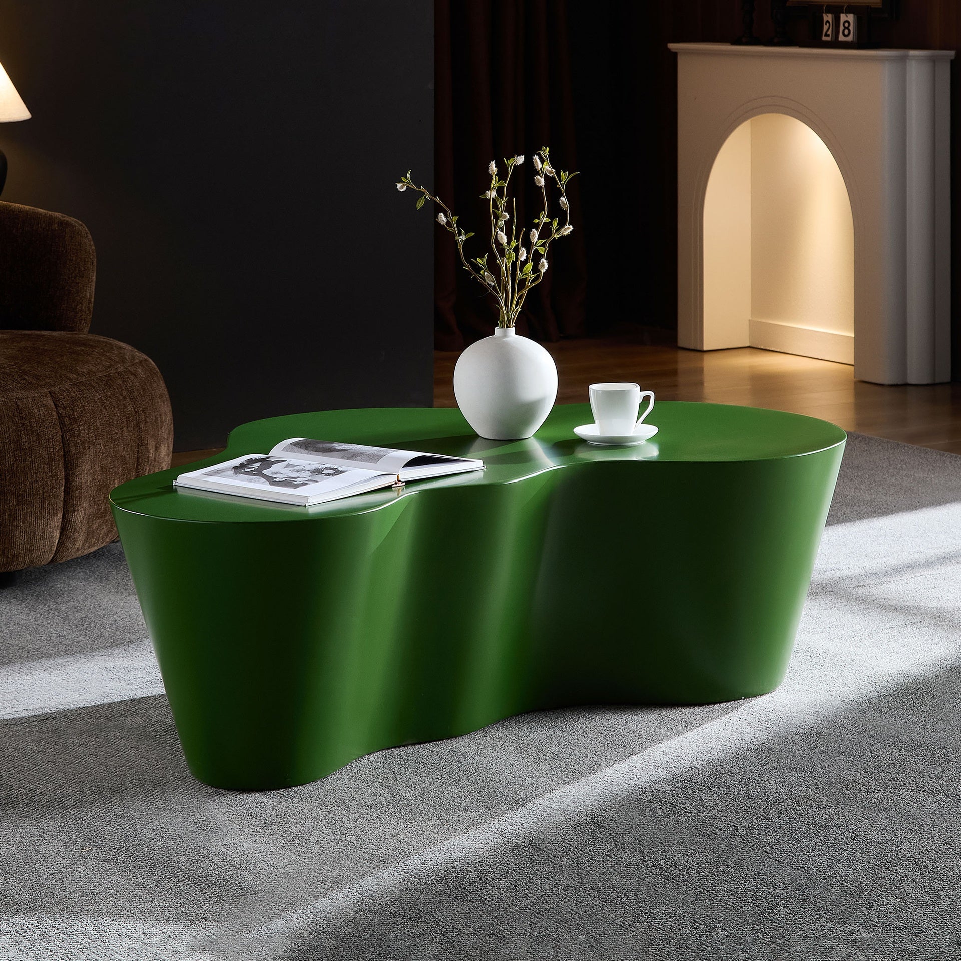 50 Inch Unique Shape Coffee Table Sturdy Fiberglass Tea Table for Living Room No Need Assembly GREEN
