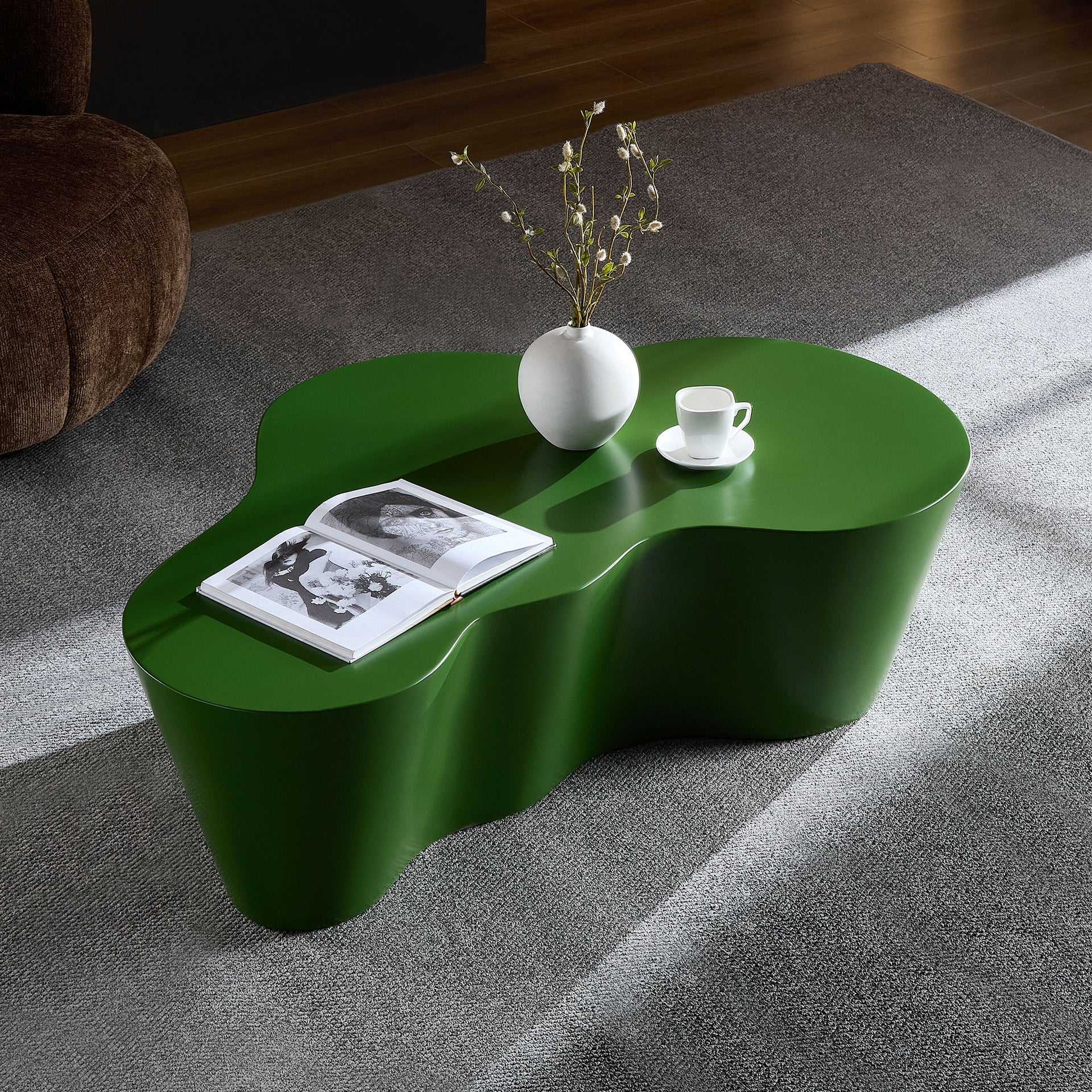 50 Inch Unique Shape Coffee Table Sturdy Fiberglass Tea Table for Living Room No Need Assembly GREEN
