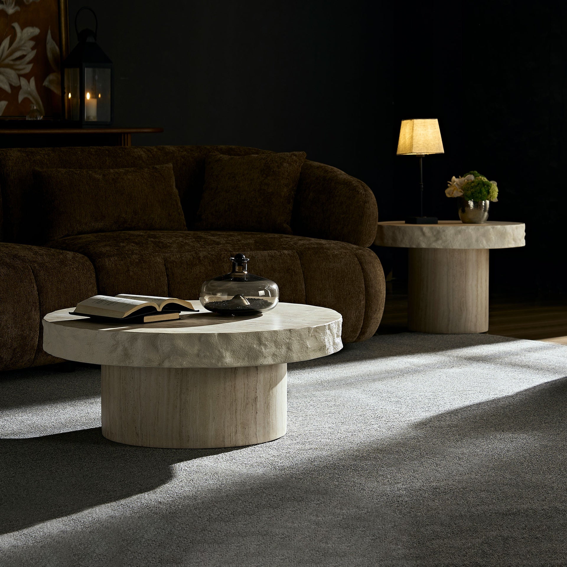 Set of 2 Faux MARS Textural Patterns Coffee Tables  for Living Room, No Need Assembly Beige