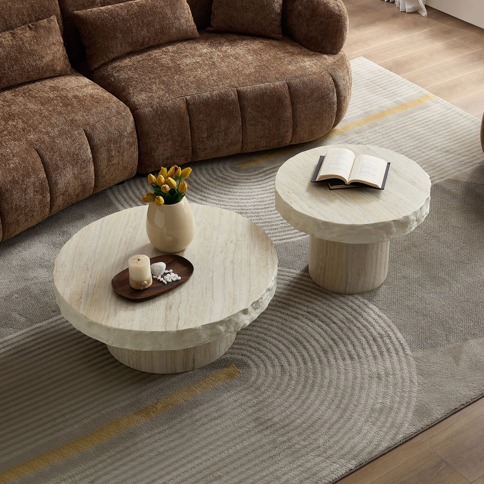 Set of 2 Faux MARS Textural Patterns Coffee Tables  for Living Room, No Need Assembly Beige