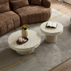Set of 2 Faux MARS Textural Patterns Coffee Tables  for Living Room, No Need Assembly Beige